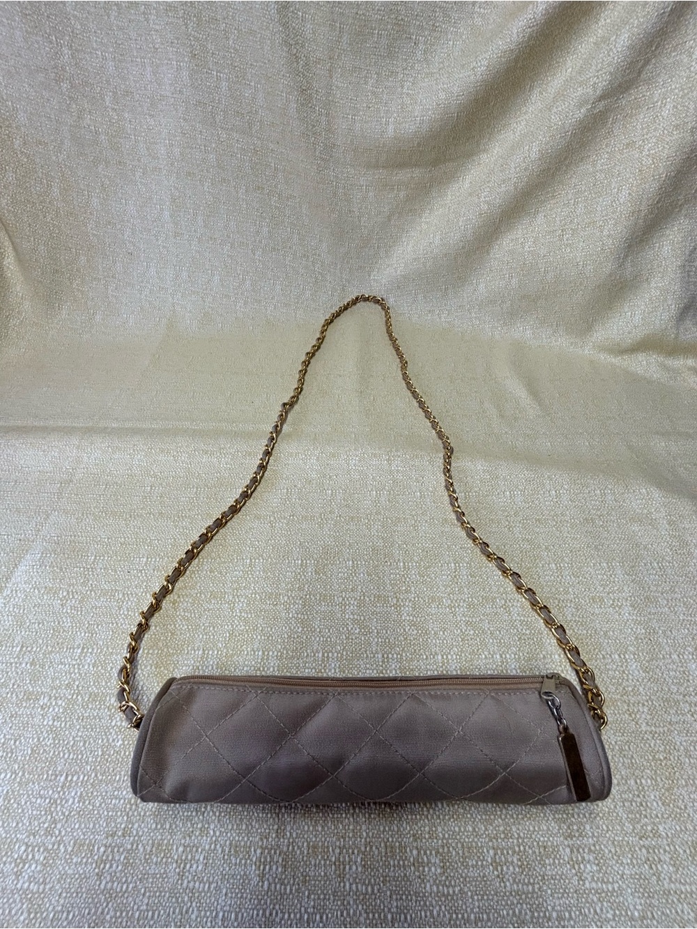 Taupe Quilted Cylinder umbrella Shoulder Bag with Gold Chain